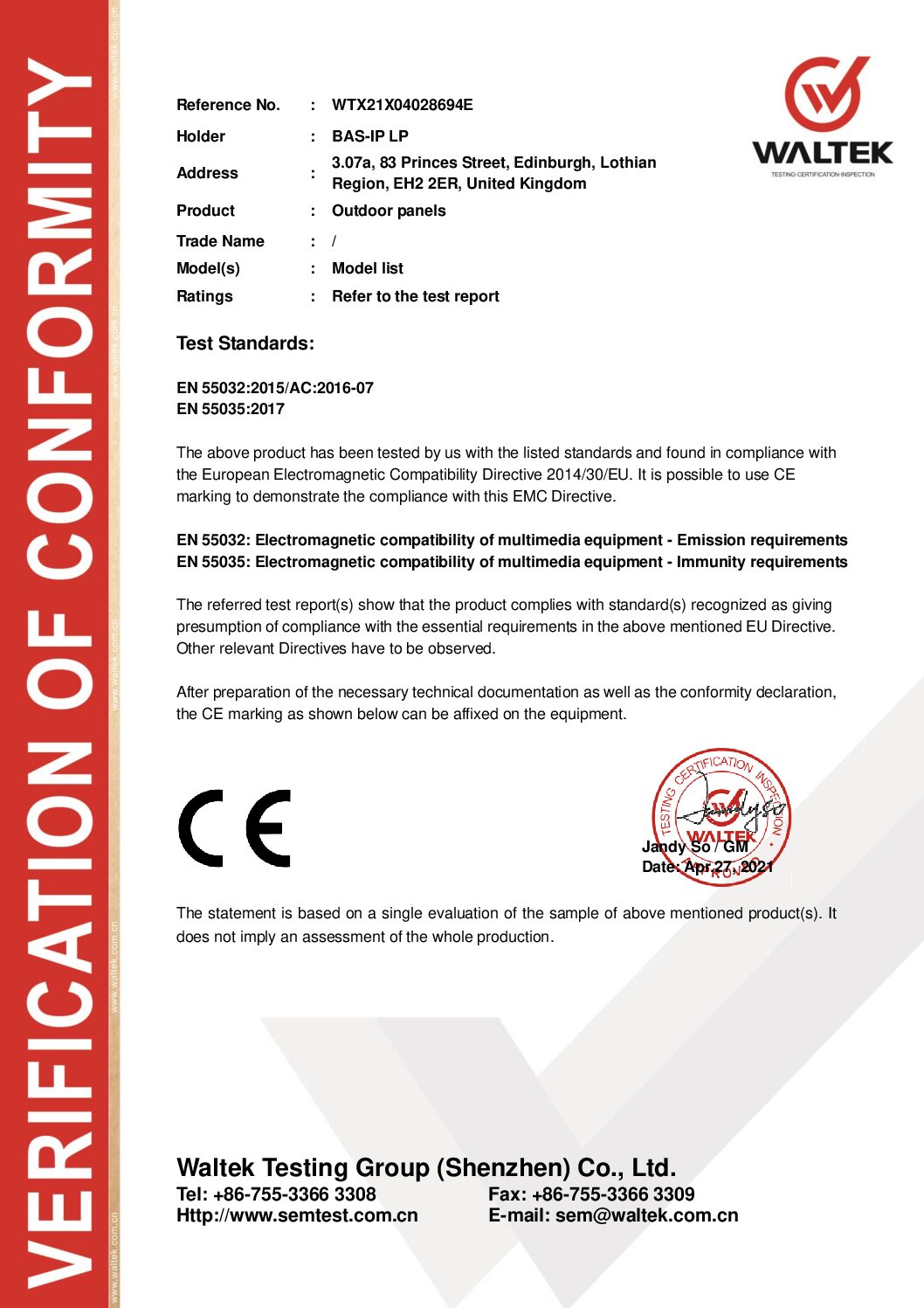CE Certificate for Outdoor Panels
