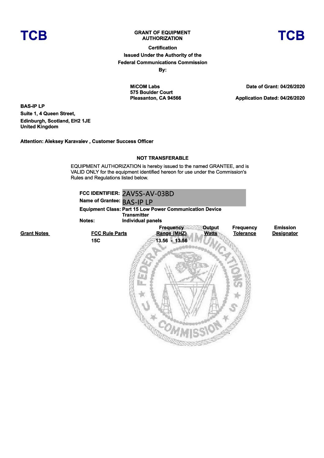 FCC Certificate for Individual Entrance Panels